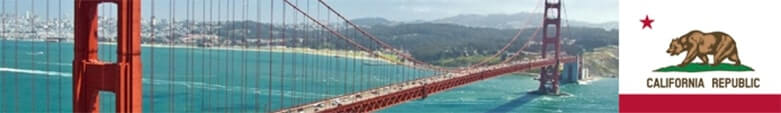 A large red bridge over a expanse of blue water with the state flag of California.
