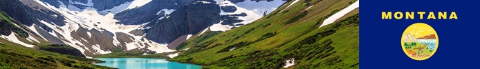 An expanse of blue water surrounded by mountains with the state flag of Montana.