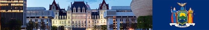 Several well-lit buildings with the state flag of New York.