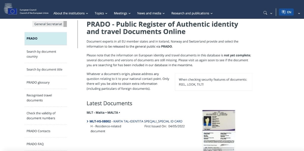 Screenshot of the ID document Database PRADO