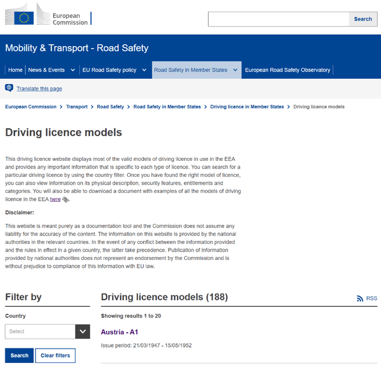 Screenshot of the Database of the European Drivers licences